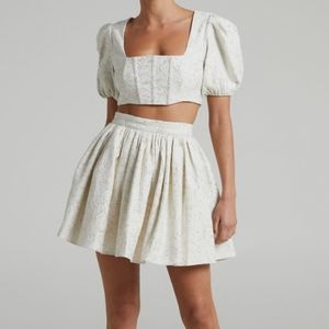 NWT Showpo Claire Lurex Jacquard Puff Sleeve Crop Top & Miniskirt Set Size 6